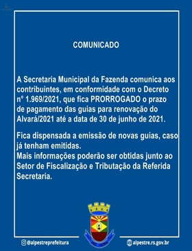 Prorrogado o prazo de pagamento das guias para renovação de Alvará/2021 
