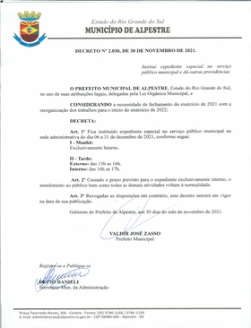 Prefeitura terá expediente especial para encerramento do exercício de 2021