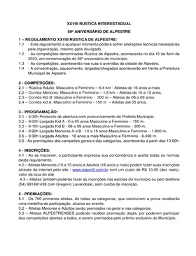 Regulamento da  XXVIII Rústica Interestadual Aniversário de Alpestre. 