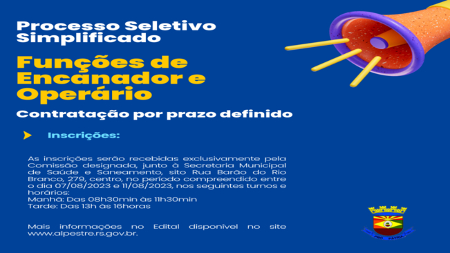 Inscrições para o Processo Seletivo para desempenhar as funções de Encanador e Operário abrem na segunda-feira, 07 de agosto. 