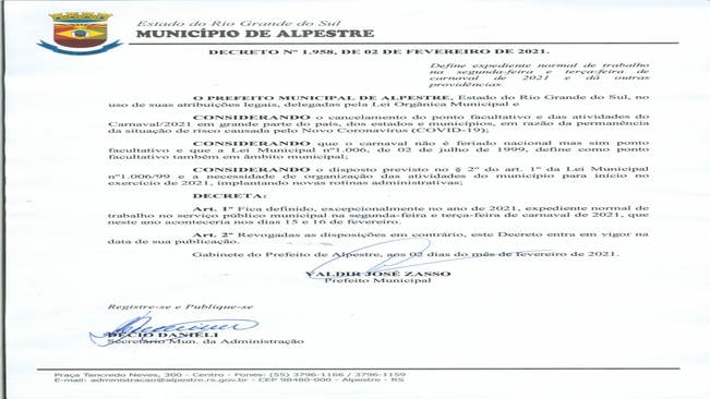  Decreto n° 1.958, de 02 de fevereiro de 2021 – Define expediente normal de trabalho nos dias 15 e 16 de fevereiro de carnaval