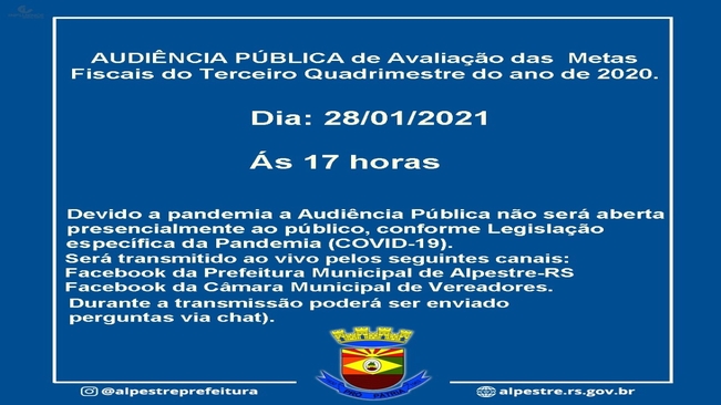 AUDIÊNCIA PÚBLICA de Avaliação das Metas Fiscais do Terceiro Quadrimestre do ano de 2020